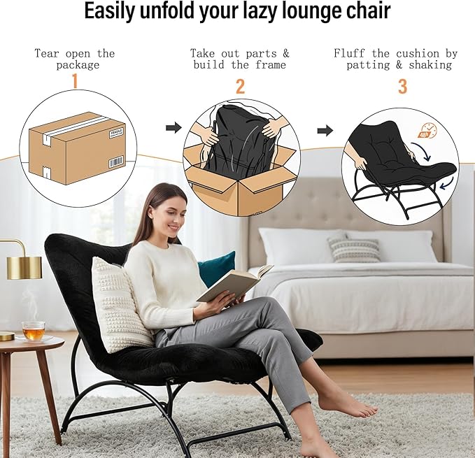 Tiita Accent Lazy Chair Comfy Lounge Chair with Metal Frame and Plush Fabric Spacious Seat Cozy Recliner Chair for Reading Room Living Room Bedroom Office Black