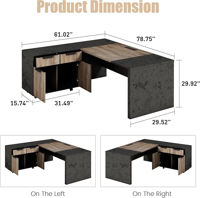78.75 Inch L Shaped Executive Office Desk with 2 Drawers Large Office Desk with File Cabinet Modern Home Office Desk w/4 Wheels Moveable Stand Under Desk Storage Organizer Oak