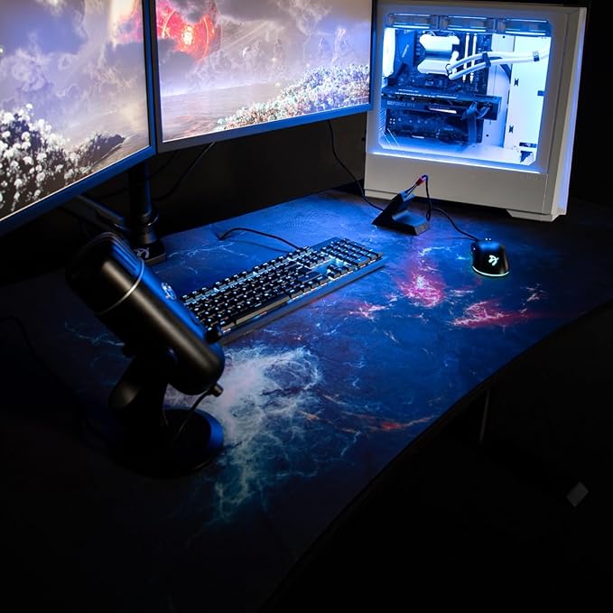 Arozzi Arena Special Edition Ultrawide Curved Gaming and Office Desk with Full Surface Water Resistant Desk Mat Custom Monitor Mount Cable Management Cut Outs - Omega