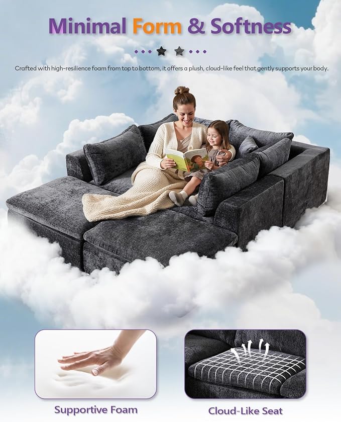TYBOATLE Single Middle Seat Boneless Couch for Living Room Comfy Boneless Modular Couch w/Memory Foam Grey
