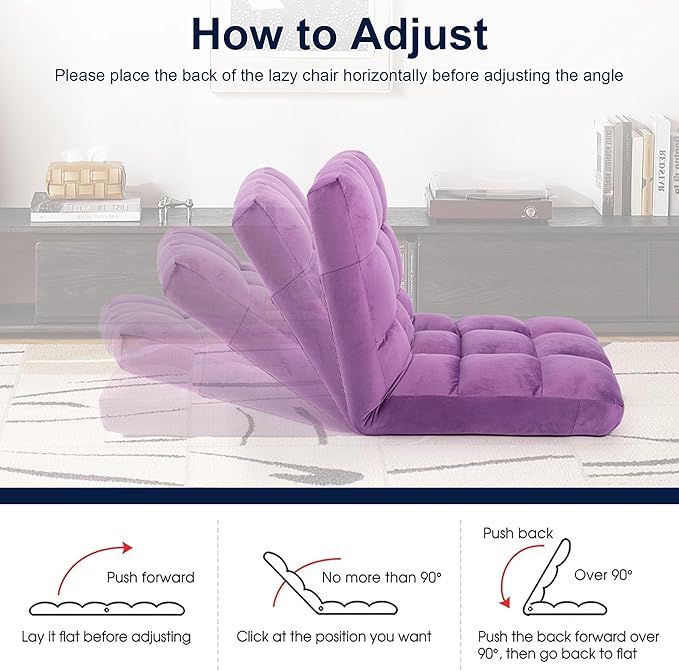 Floor Chair 24 inches Wide Oversized Velvet Armless Lay Flat Floor seat Padded Meditation Chair with 6 Adjustable Position Ergonomic Comfortable Convenient(LRSF-009-PURPLE)