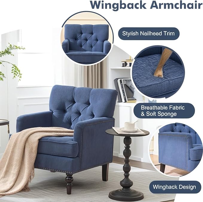 Accent Armchair Tufted Club Chair Upholstered Button Armchair with Lumbar Pillow Linen Fabric Sofa Chairs for Bedroom Living Room Mid Century Modern Reading Chair with Studded Blue