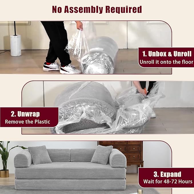 JJJ 78 inch Sofa Bed 4-in-1 Boneless Convertible Corduroy Sleeper Folding Couch with Fixed-Shape Frame and 2 Futons No Assemble Required 3 Seater Upholstered for Living Room (Light Grey 78 inch)