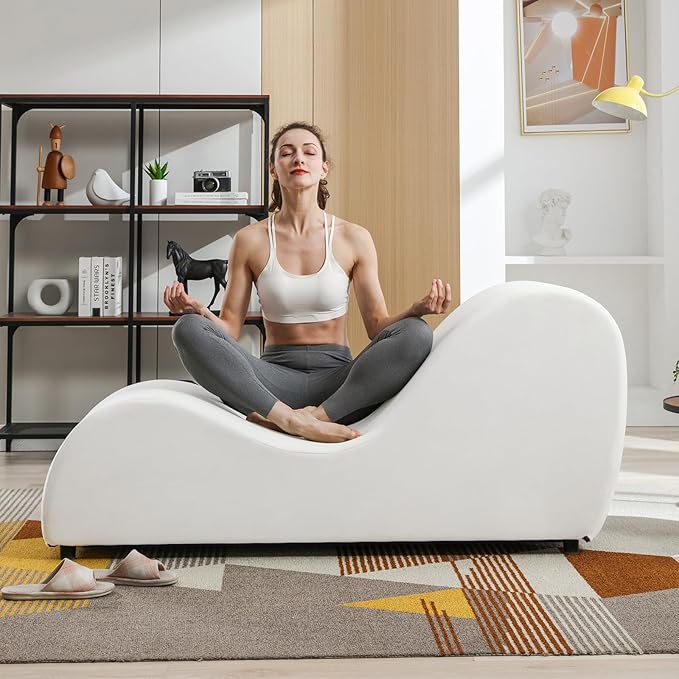 BALUS 60.6 W Yoga Sofa Chaise Lounge Chair for Adults Ergonomic S-Shape Yoga Chairs Indoor for Living Room Relaxing Modern Velvet Chaise Lounges Chair for Small Space Stretching Exercising - Beige