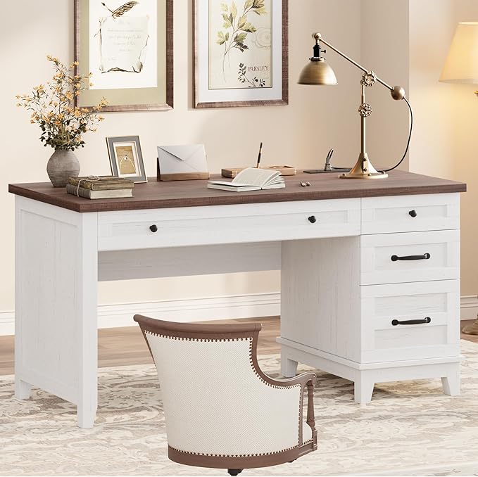 IDEALHOUSE Rustic Wood Double Desk with Built-in Charging Station &amp 4 File Drawers Spacious 2-Person Writing Table for Home Office Heavy-Duty Dual Workstation for Study &amp Work White and Bro