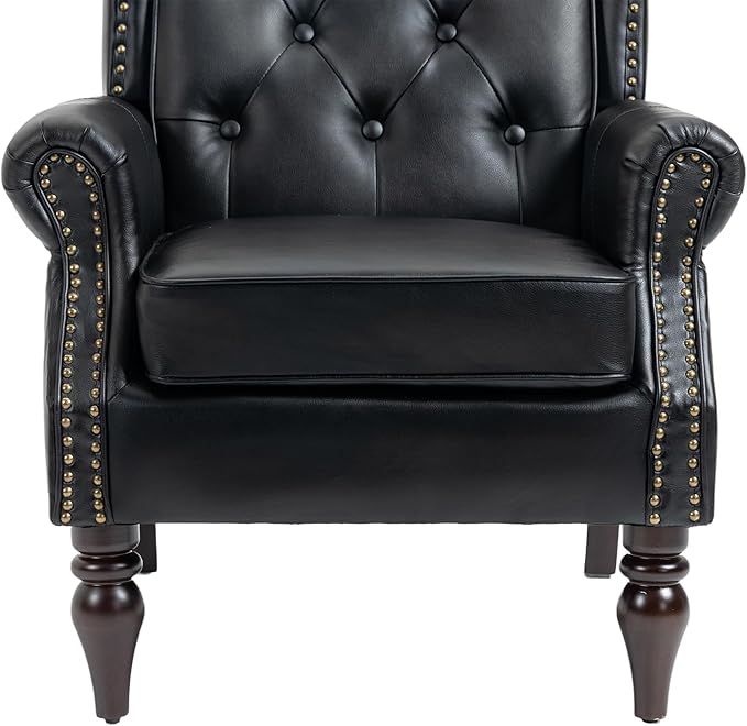 Bellemave Mid Century Wingback Chair PU Leather Button Tufted Upholstered Accent Armchair with Wood Legs Modern Living Room Chairs with High Back Leisure Single Sofa Chair for BedroomClub（Black）