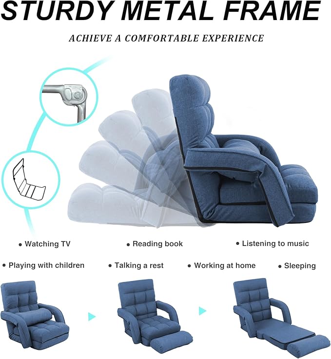Adjustable Floor Chair for Adults with Back Suppor5-Position Folding Lazy Sofa with Pillow Gaming &amp Meditation Chair with Breathable Fabric - for Living Room Bedroom OfficeBalcony (Blue)
