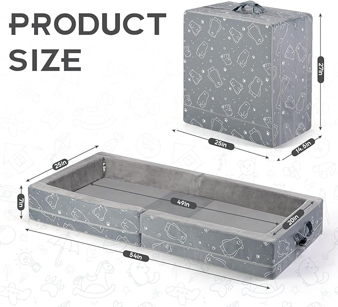 Portable Toddler Travel Bed – Foldable Soft Foam Floor Crib with Washable Cover Built-in Safety Rails No Assembly Compact for Travel &amp Home Use Grey