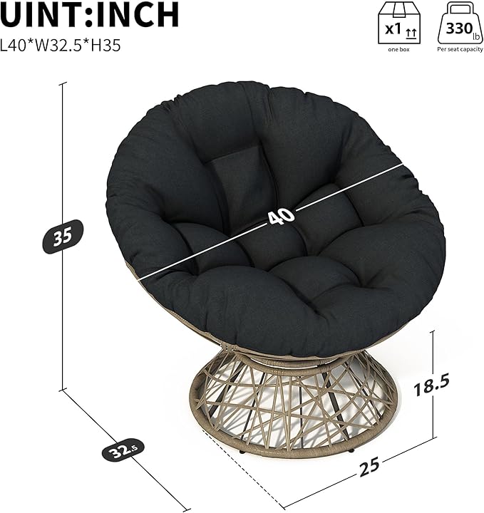 Oversized Papasan Chair with Adujusble Base Boho Reading Nook Chair with Thick Cushion for Adults Bedroom Living Room 360 Swivel (Black+Brown 40)