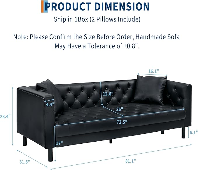 IDEALHOUSE 81 Leather Sofa Button-Tufted 3 Seater Sofa Mid-Century Modern Leather Couch with Deep Seat Chesterfield Sofa for Living Room Apartment Office Black