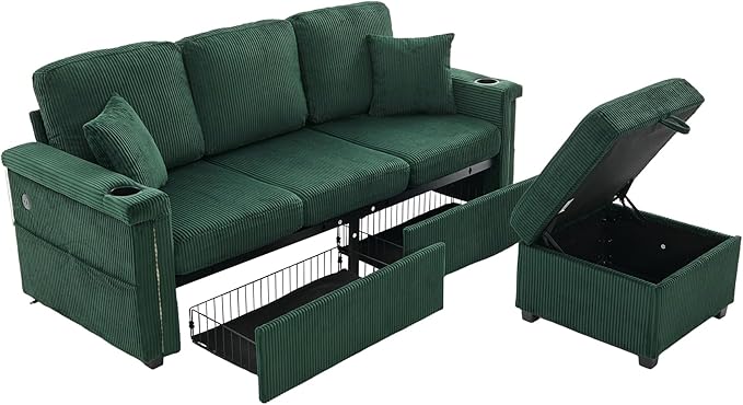 76'' Sectional Sofa Couches for Living Room 3 Seat L-Shaped Couch with Storage &amp Ottoman Corduroy Convertible Sofas with Chaise Apartment with USB Charging Cup Holder (Emerald)