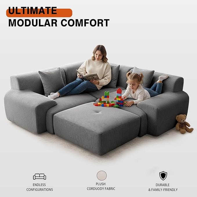 120 Modular Boneless Cloud Couch Sectional Couches for Living Room with Ottoman Modern L-Shaped Modular Sectional Sofa Bed with Deep Seat Corduroy 3-Seater Sleeper Sofas for Living Room (Grey)