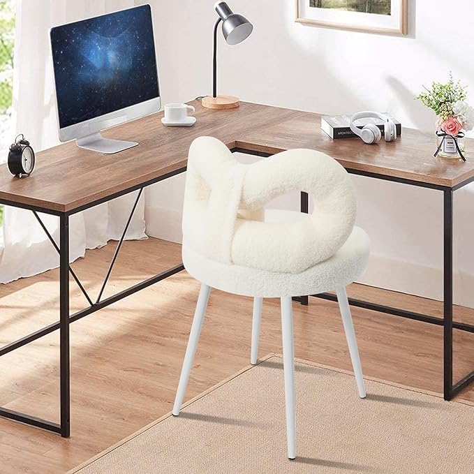 Cute Bow Backrest Chair Milky White Make-up Chair Bedroom Vanity Stool Armless Dressing Chair Small Upholstered Accent Chair Desk Chair for Bedroom Living Room