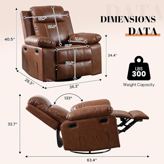 Massage Recliner Chair for Adults 360 Swivel &amp Rocker with Heat &amp Vibration Brown PU Leather Glider Reclining Chair for Home Theater Living Room Lounge Nursery