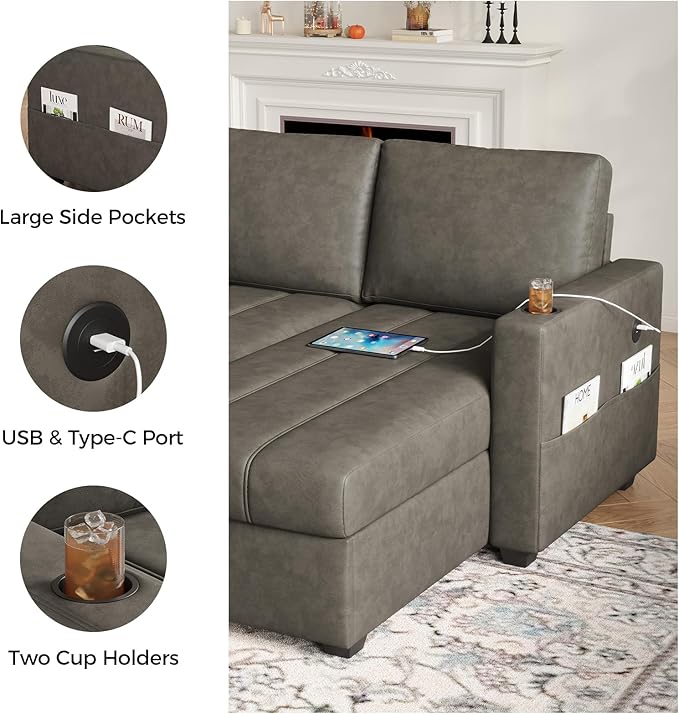 89 inch L-Shaped Sectional Sofa Sleeper with Storage Space &amp Side Pocket Anti-Scratch Faux Leather Couch Bed with USB Port &amp Cup Holder Modern Piano Design Pull Out Bed for Living Room