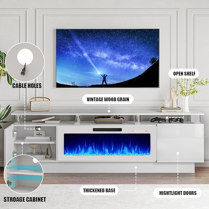 70 Modern Fireplace TV Stand with 36 Electric Fireplace for TVs Up to 80 inch Luxury LED Light Entertainment Center with High Gloss Cabinet (White with White Fireplace 70 (8 Acrylic Posts))