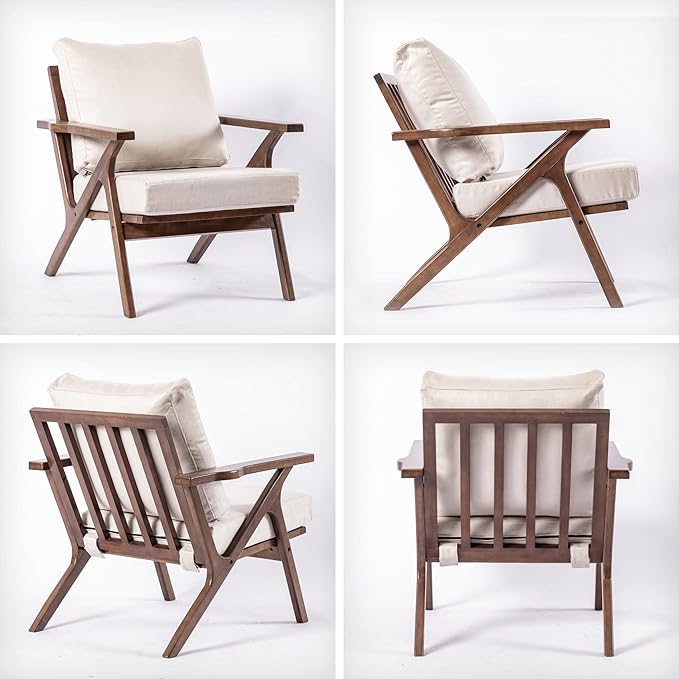 UNICOO - Mid Century Chair Retro Upholstered Accent Armchair with Wood Frame and Removable Cushions Large Leisure Slipper Chair for Living Room/Bedroom (U2279-Beige)