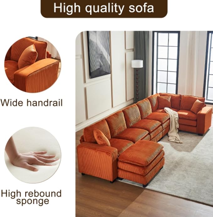 Modern U Shaped 6-seat Sectional Sofa Couch with one Ottoman and Three toss PillowsModular Sofa for Living RoomCorduroy (OrangeCorduroy-7 Seat)