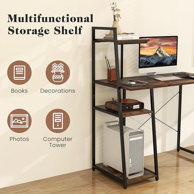 Tangkula Computer Desk with Shelves Space Saving Home Office Desk with 3-Tier Ladder Shaped Storage Bookshelf Modern Writing Study Desk with Metal Frame Compact Computer Workstation (Rustic Brown)
