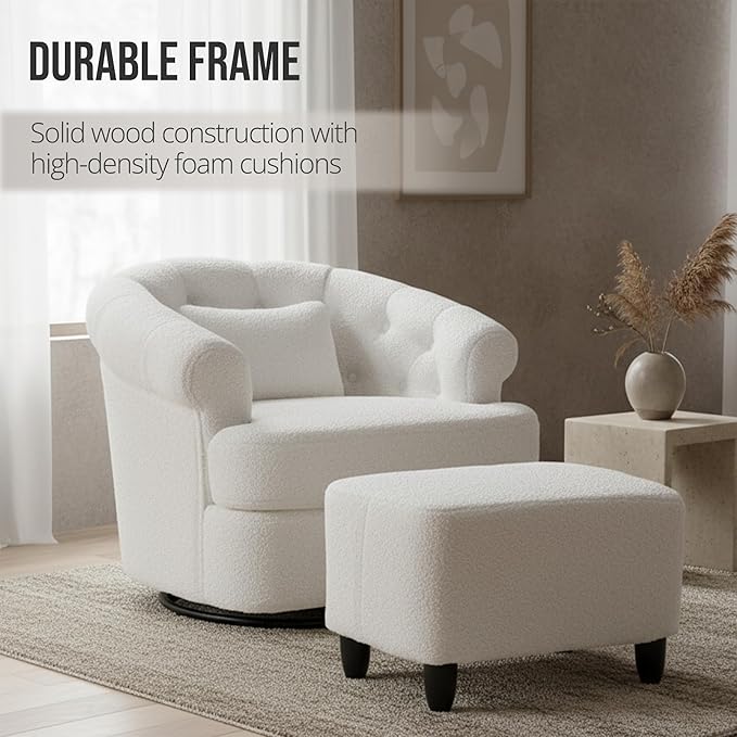 Barrel Swivel Accent Chair - Modern Comfy Boucle Armchair with Ottoman Round Upholstered Sofa Lounge Chairs Set for Living Room Bedroom Reading Corner Small Spaces (Beige)