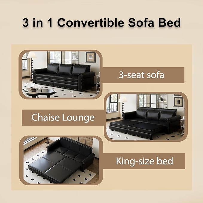 93.7 King Pull Out Sofa Bed Faux Leather Sleeper Sofa Couch 3 in 1 Convertible Futon Couches for Living Room Small Space Apartment Office Bedroom Modern Rivet Armrest Black