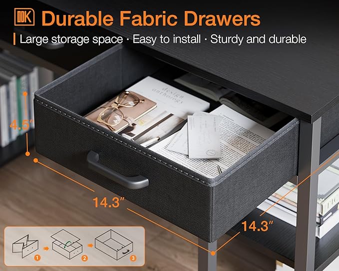 ODK Office Small Computer Desk: Home Table with Fabric Drawers &amp Storage Shelves Modern Writing Desk Black 48x16