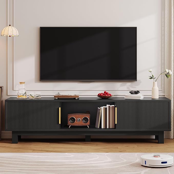 YITAHOME Fluted TV Stands for TVs up to 65 Inches Entertainment Center with Power Outlets &amp Storage Compartments 59 Long Wooden TV Console for Living Room (Black 59)