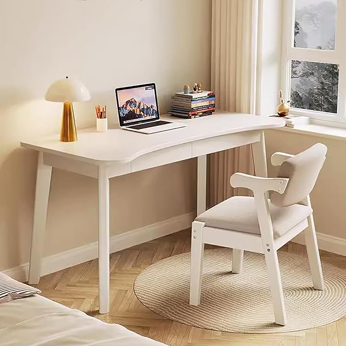 Solid Wood Computer Desk with DrawersModern Home Office DeskWooden Writing Desk Curved Table Top Study Table(47inch White)