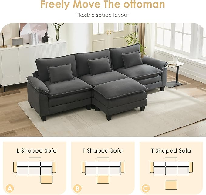 URRED Cloud Couch Modular Sectional Sofa 122'' Modern L Shaped Deep Seat Sofa with Ottoman &amp Pillows Ultra Comfy Velvet Couches for Living Room Bedroom or Apartment Dark Gray