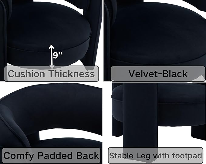 VESCASA Velvet Barrel Accent Chairs with Open-Back Upholstered Side ArmChairs with 3 Legs Modern Single Sofa for Living Room Set of 2 Black