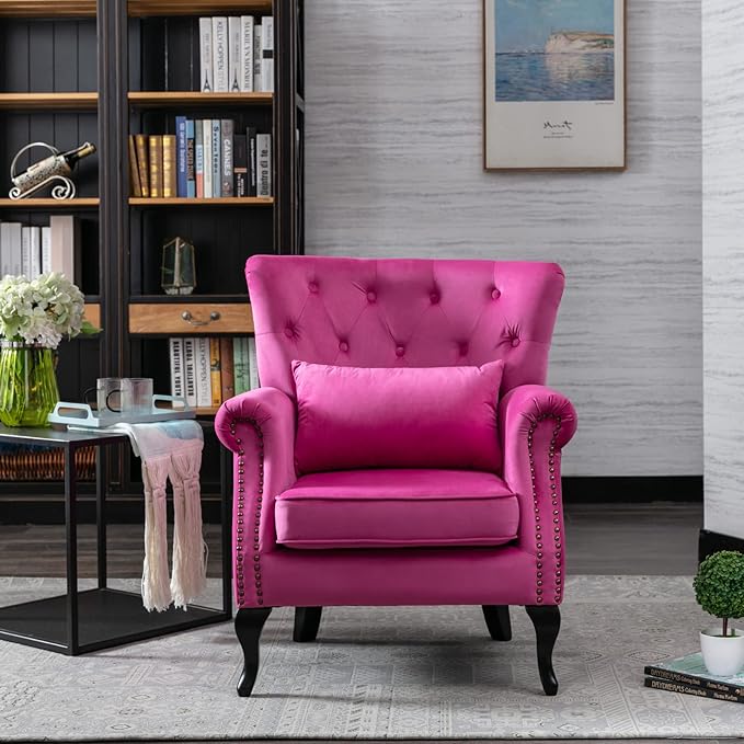 Accent Reading Arm Chairs Set of 2 for Living Room Bedroom Midcentury Modern Comfy Corner Sofa Chair Wingback Waiting Room Club Chair with Button Tufted Back &ampLumbar Pillow Velvet Rose