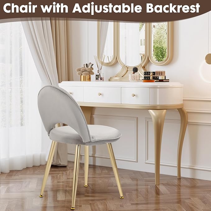 Vanity Chair with Adjustable Backrest Boucle Upholstery Armless Makeup Stool Gray Velvet Vanity Stool with Gold Metal Legs for Bedroom Living Room Kitchen Dinning Room(Velvet Gray)