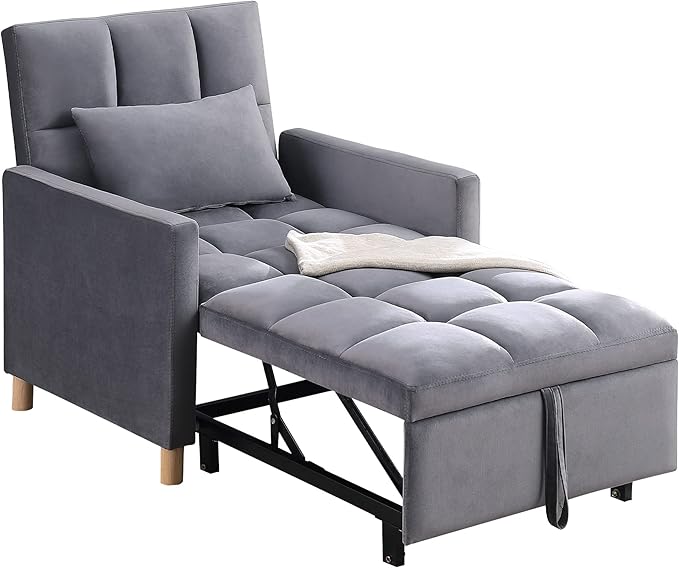 Sleeper Sofa Bed 3-in-1 Convertible Chair Bed Multi-Functional Sleeper Chair Soft Teddy Fabric for Living Room Apartment Office (Grey-Velvet)