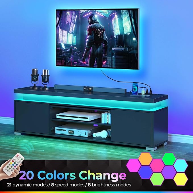 Rolanstar TV Stand with Power Outlet &amp LED Lights Modern Entertainment Center for 32/43/50/55/65 Inchs TVs TV Table Universal Gaming LED TV Media Stand with Large Storage Cabinet Black