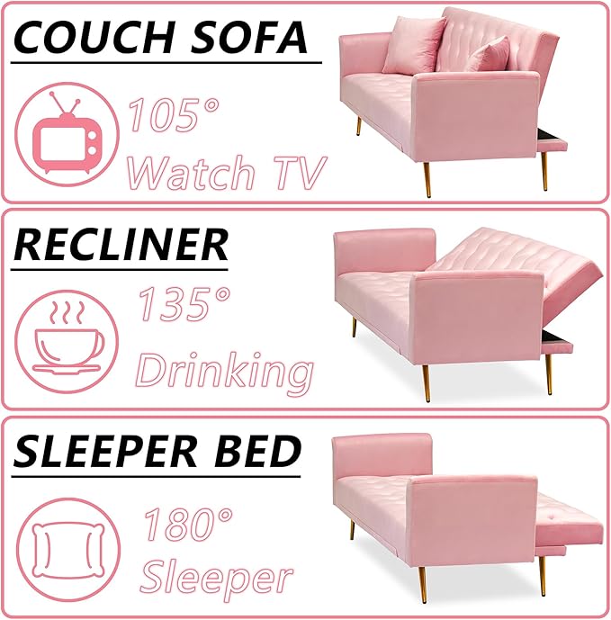 71 Pink Futon Sofa Bed Couch: Velvet Fabric Memory Foam 2 Pillows Gold Metal Feet Adjustable Tufted Backrest Convertible Folding Sleeper Loveseat for Living Room Bedroom Apartment (Pink)