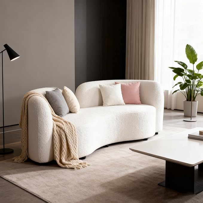 Curved couches for Living Room 2-Seat Luxury Couch 68'' Solid Wood and High-Density Foam Lamb Fleece for Small Space Bedroom Apartment Home Office White