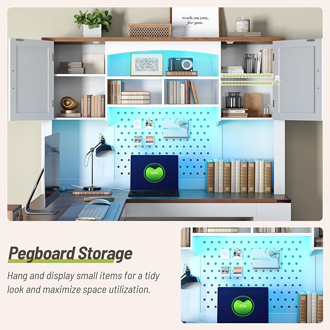 67'' L Shaped Executive Desk with Hutch Farmhouse Corner Computer Desk with File Drawer Wooden Office Desk with Storage Shelves and LED Lights for Home Office White Walnut