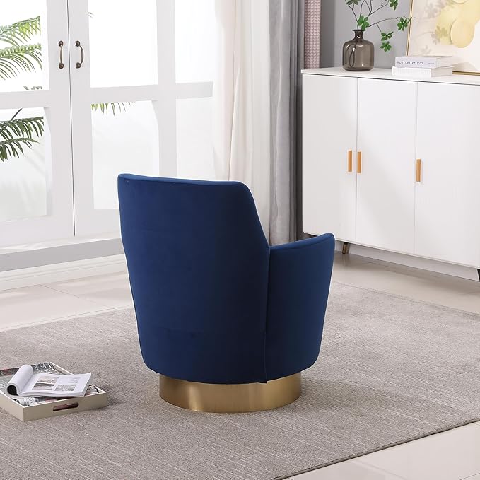360° Swivel Barrel Accent Chair Comfy Round Accent Chairs with Gold Iron Base &amp Dual-Layer Cushion Modern Lounge Reading Armchair Upholstered Sofa Chair for Living Room Bedroom(Velvet Navy)