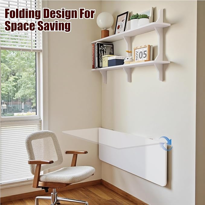 Pmnianhua Wall Mounted Folding Table 47'' Floating Laptop Desk with Shelves Foldable Drop Leaf Table Wall Mount Fold Down Table for Laundry Room Kitchen Bar Home Office Small Space(White)