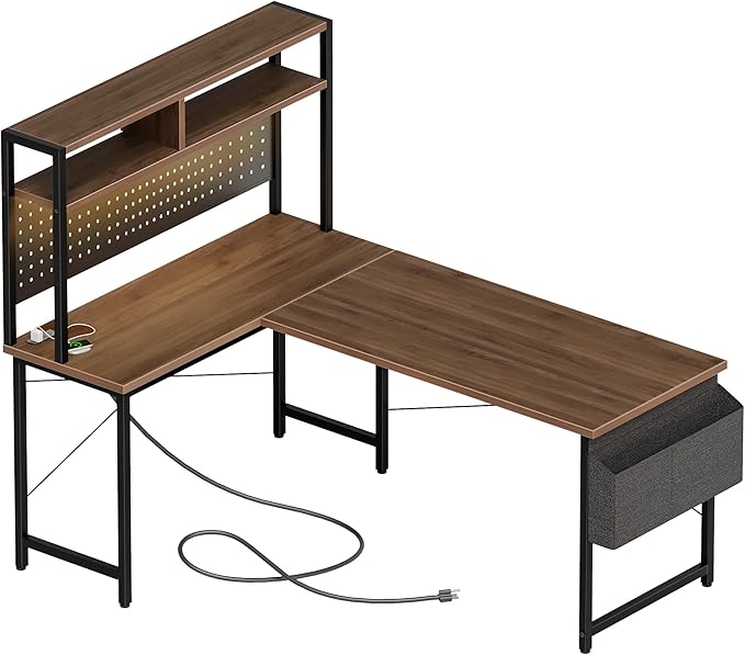 Mericonia 50 inch Large L Shaped Desk with Pegboard Hutch &amp Shelves Corner Gaming Desk with Power Outlet LED Light &amp Storage Bag Reversible Computer Desk for Home Bedroom Office Workspace