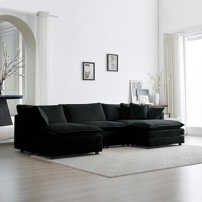 146.5 Sectional Sofa Couch for Living Room Modern Upholstered Sofa 4 Seater Couch with Pillows Deep Seat Sofa Furniture for Apartment Office Chenille Fabric Black