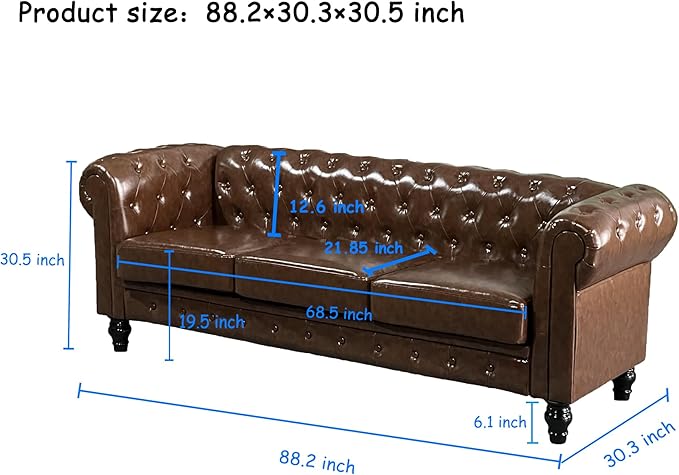 Chesterfield PU Leather Couch 3 Seater Sofa 89 Modern Luxurious Large Button-Tufted Sofa Couch Home Upholstered Deep Seat Sofa for Living Room Furniture Brown