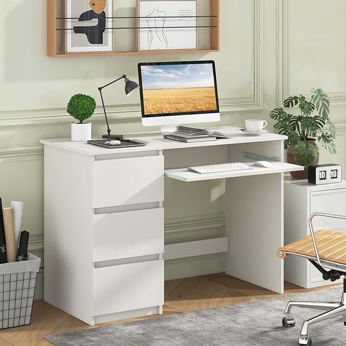 Tangkula White Desk with 3 Storage Drawers &amp Built-in Charging Station Home Office Desk with Keyboard Tray PC Desk Study Writing Table Vanity Table for Bedroom Computer Workstation (White)