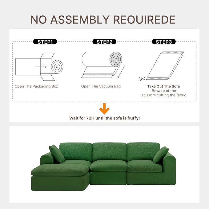 108 Boneless Cloud Couch Sectional No Assembly Required Modular Sofa with Deep Seat for Living Room L Shaped Couch with Ottoman Snowflake Fabric and Memory Sponge Moss Green