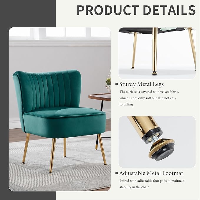 KCC Modern Velvet Upholstered Accent Chair Set of 2Mid Century Living Room Chairs with Golden LegsComfy Armless Chair Wingback Single Sofa Side Chair for BedroomDark Green