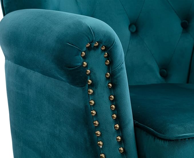 Kmax Velvet Club Chair Tufted Throne Chair Mid Century Accent Wingback Chair Padded Seating Wood Legs Home Club Bedroom Living Room Teal Blue