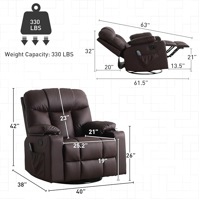 Bonzy Home Swivel Rocker Recliner with Heating and Massage 40 Manual Rocker Recliner Chair PU Leather Single Sofa with 2 Cup Holders for Living Room Bedroom Brown