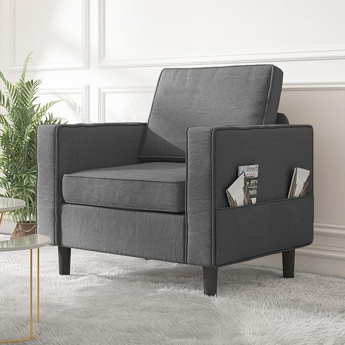 Mjkone Armchair Accent Chair with Storage Pockets Modern Single Sofa Chair for Living Room/Apartment/Small Spaces/Bedroom - Dark Grey