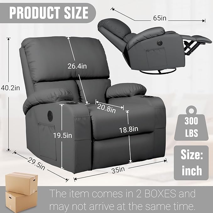 LEVELEVE Rocking Recliner Chair Massage Rocker Recliner Chair with Vibration Massage and Heat USB and Type-C Ports360° Swivel Faux Leather Chairs Living Room Bedroom Nursery RV Dark Grey