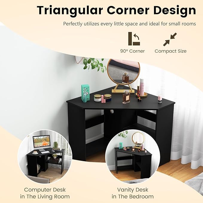 LDAILY Corner Desk with Storage Shelves &amp Cable Holes - Space-Saving Computer Table for Small Spaces Home Office Living Room Bedroom (Black)